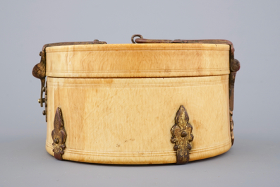 A Siculo-Arabic ivory and gilt copper cylindrical box or pyx (pyxide), 12/13th C.